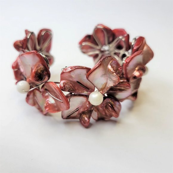 Wine Red Shell White Pearls Adjustable Cuff Bracelet Bangle - NEW - Picture 4 of 16